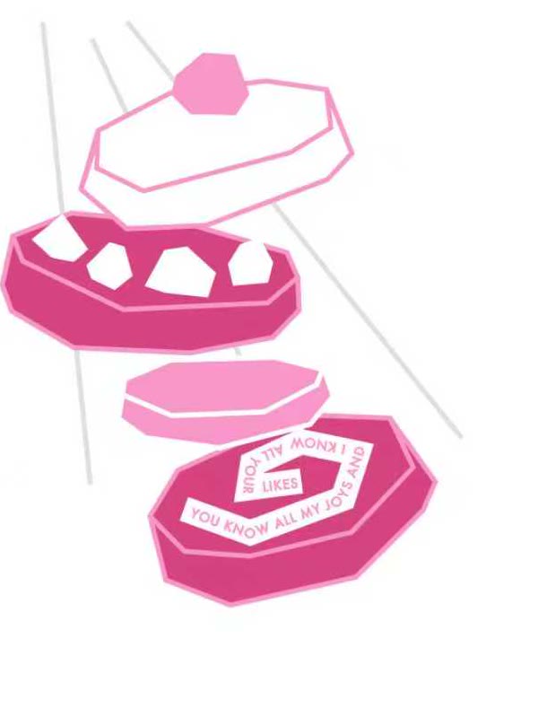 店里的粉色插画：几块被画成蛋糕形状的洋红色块，其中一块上印着一行小字。